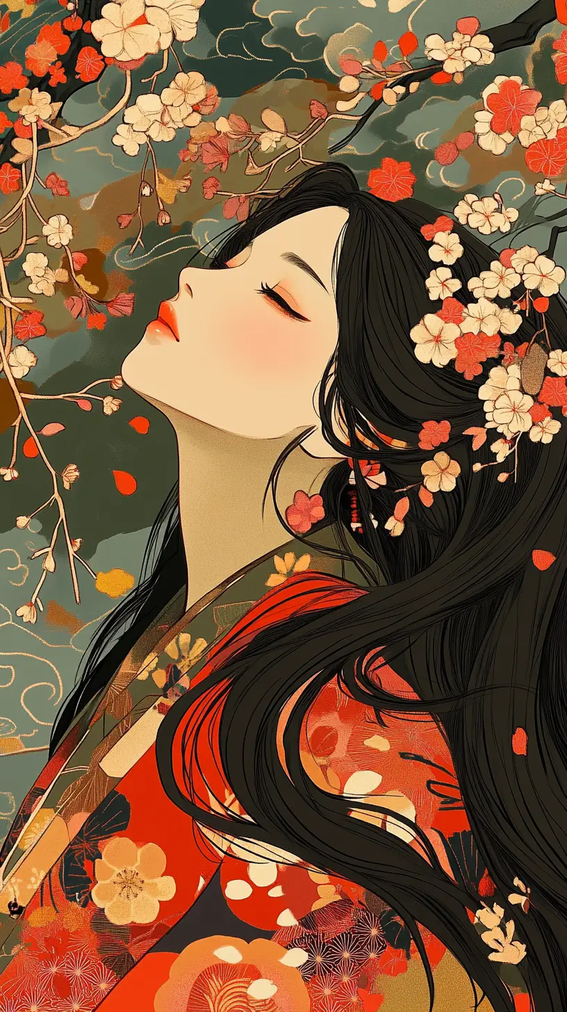 花朵間身著花卉和服的優雅日本女子