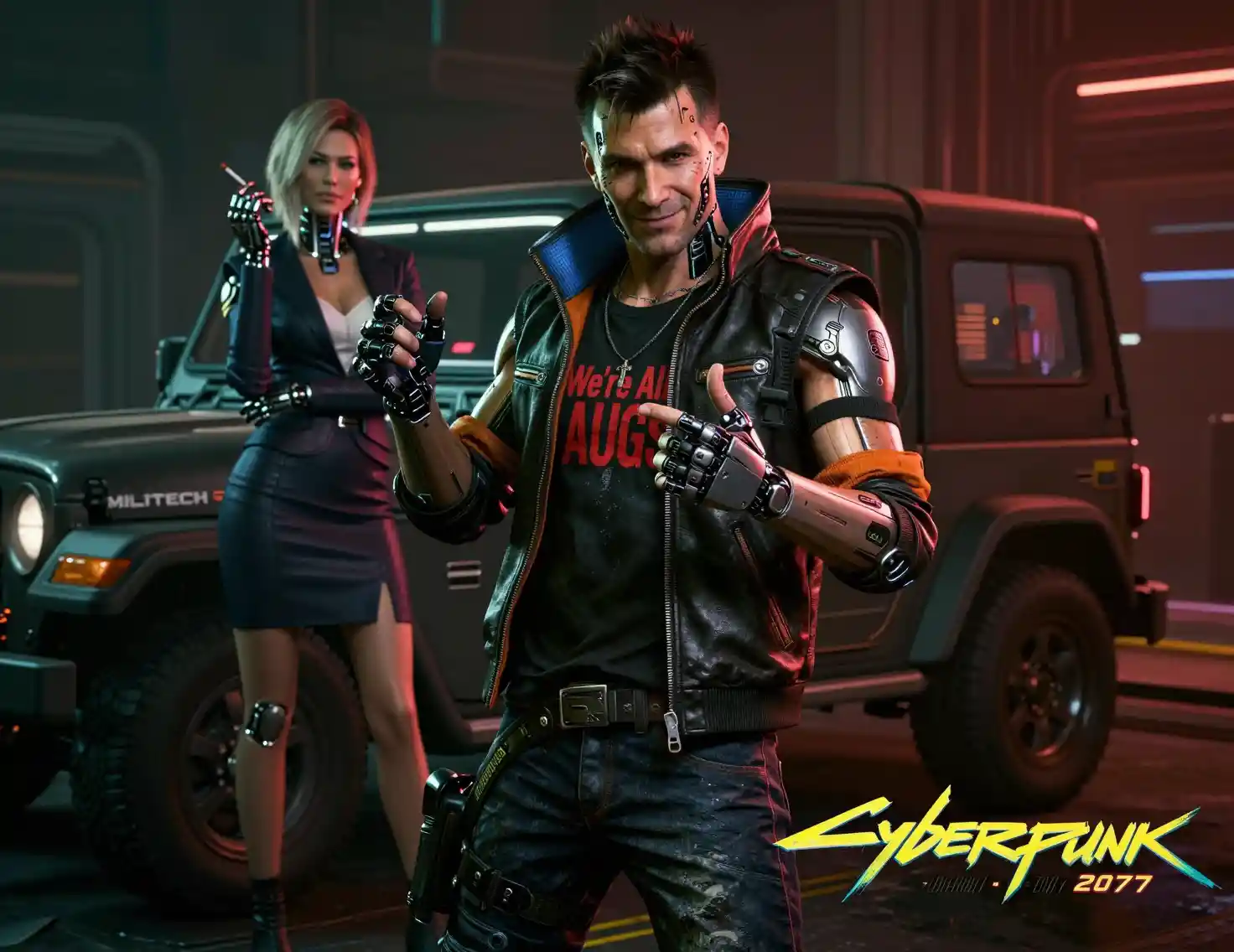 Uomo cyberpunk aumentato che posa in una strada illuminata al neon