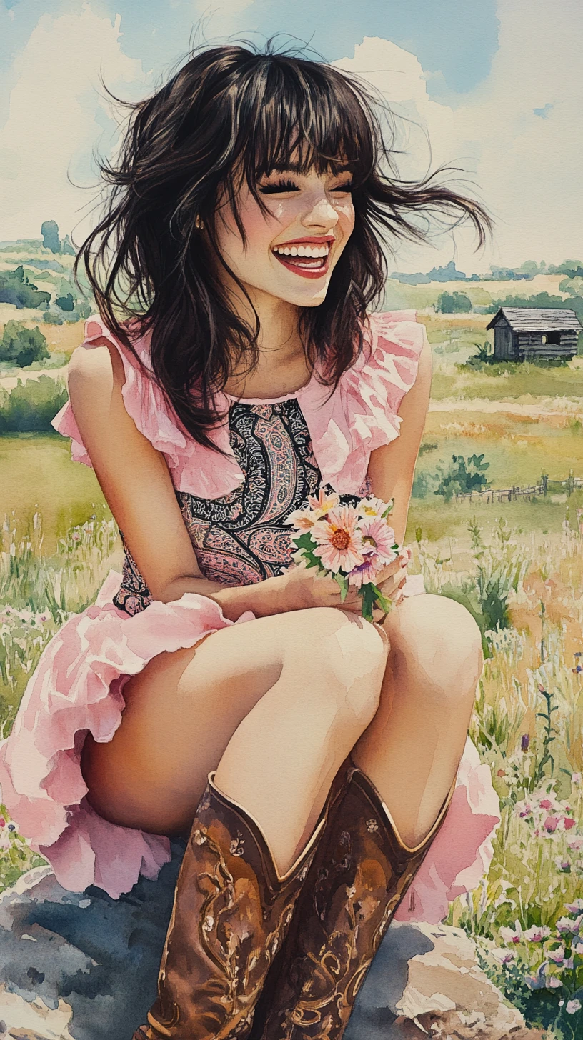 Laughing girl in pink dress on a sunny meadow rock