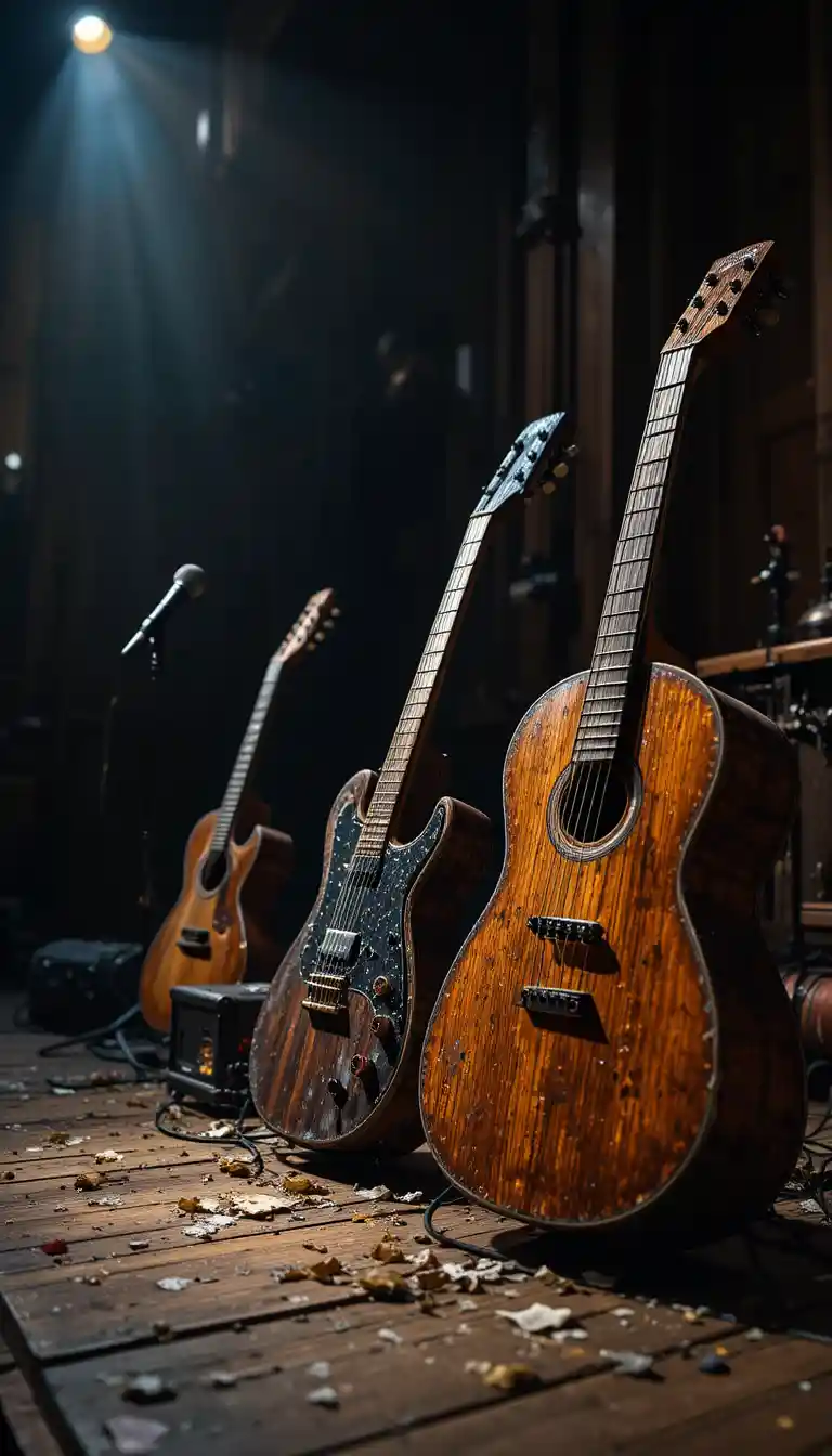 Roca polvorienta e instrumentos musicales griegos sobre un escenario de madera