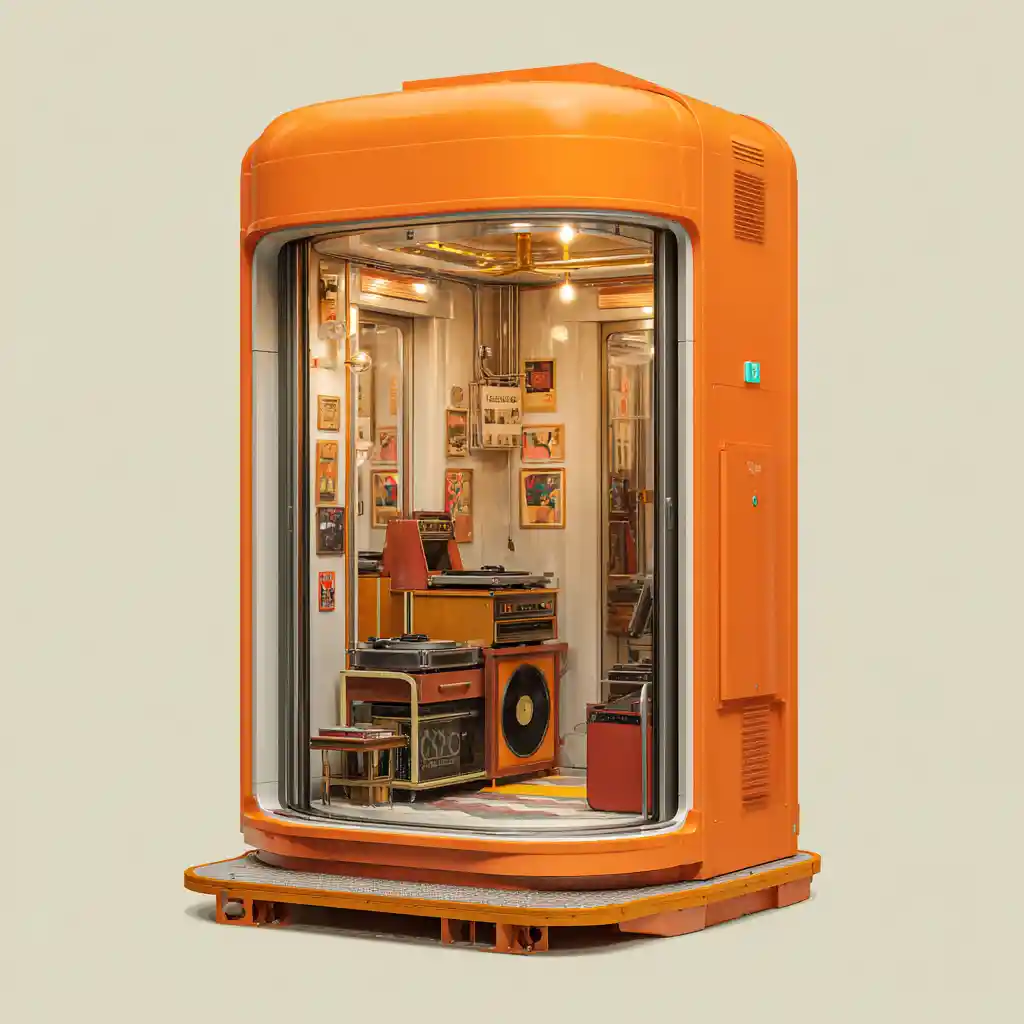 Front view of a modern elevator with record shop interior