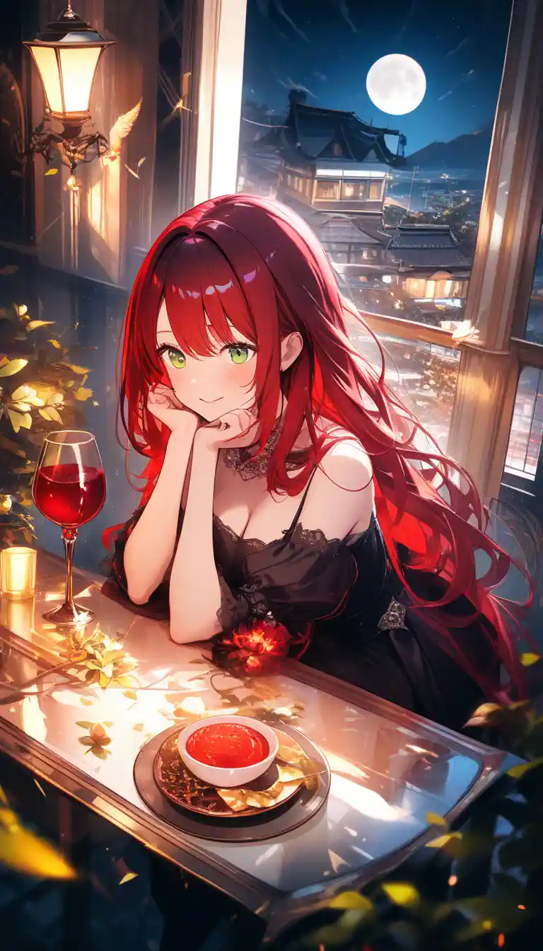 Elegante donna anime che beve vino sotto la luna piena