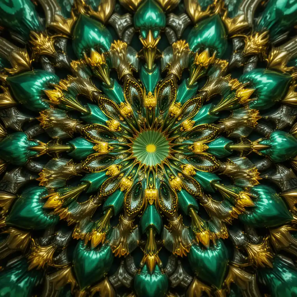 Glowing green and gold fractal pattern in abstract space