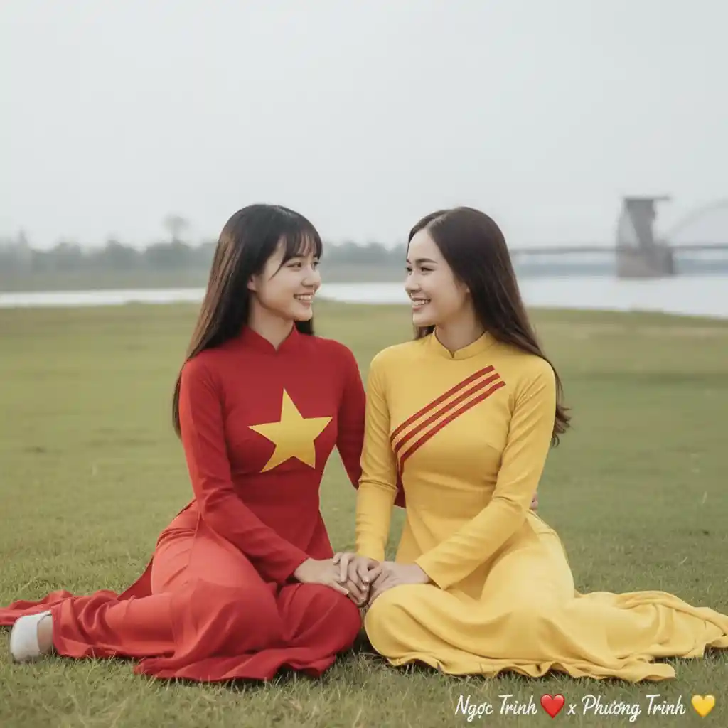 Two young Vietnamese sisters talking on a riverside field