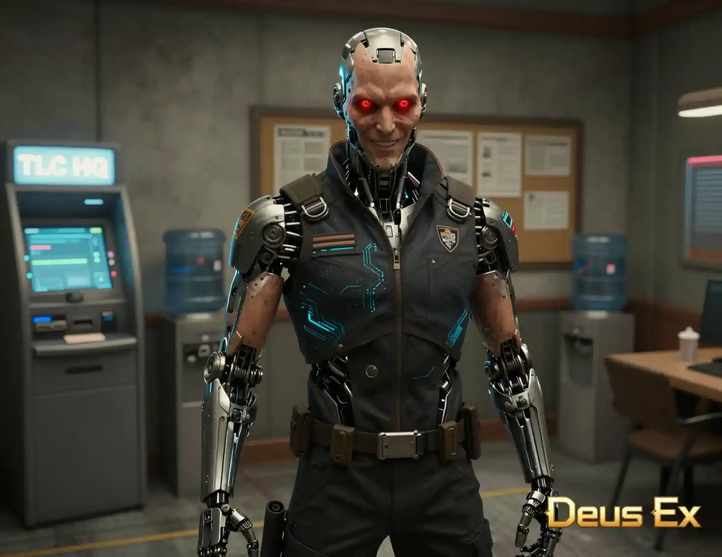 Homme cyborg dans un espace pause néon en vue à la première personne