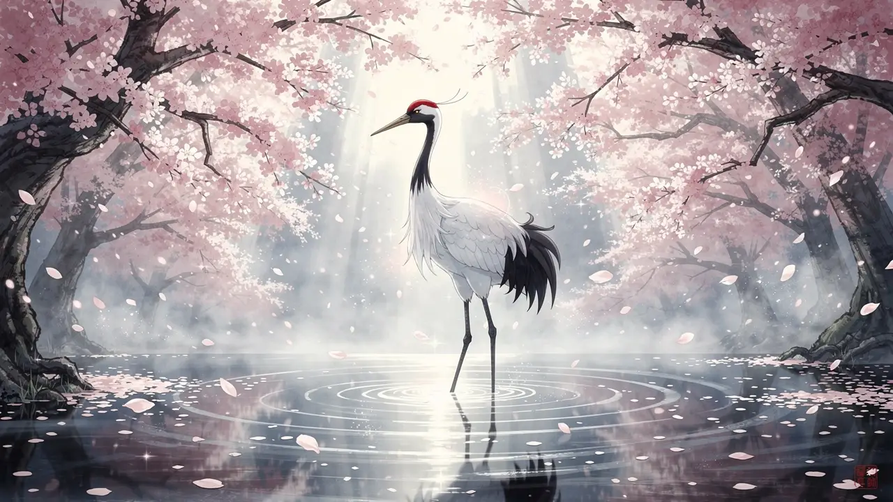 Grue japonaise parmi les fleurs de cerisier dans une scène d’eau paisible