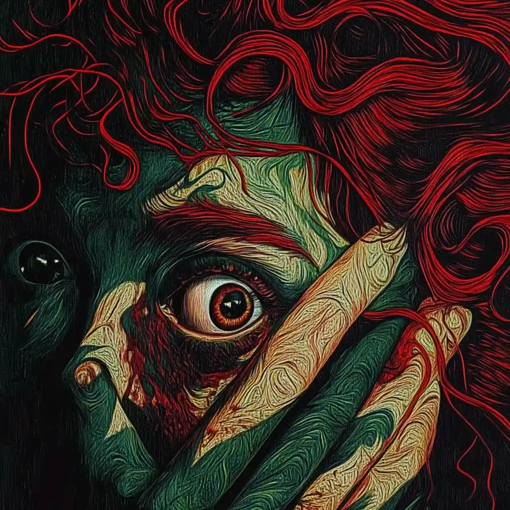 Mujer zombi pelirroja surreal en paisaje onírico pictórico