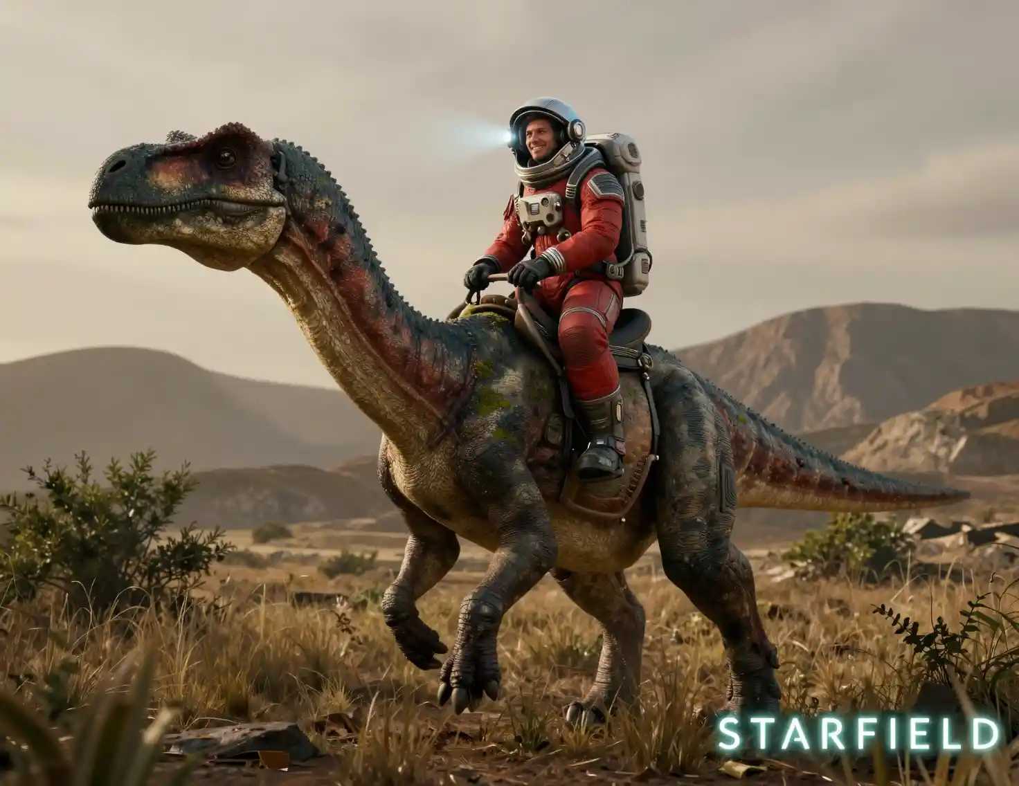Astronaut Riding Dinosaur Like Creature On Alien Grassland