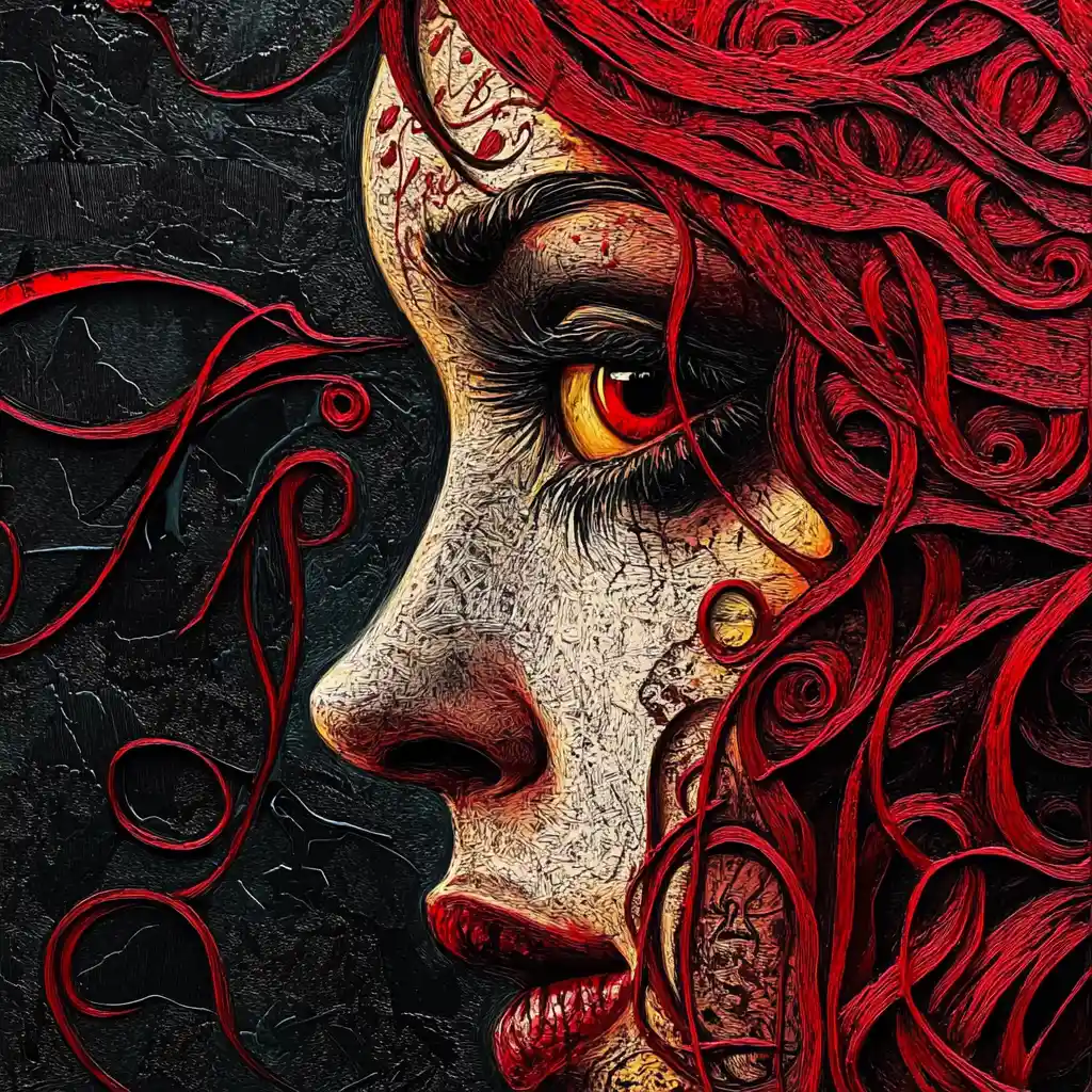 Mujer zombi pelirroja surrealista en retrato pictórico