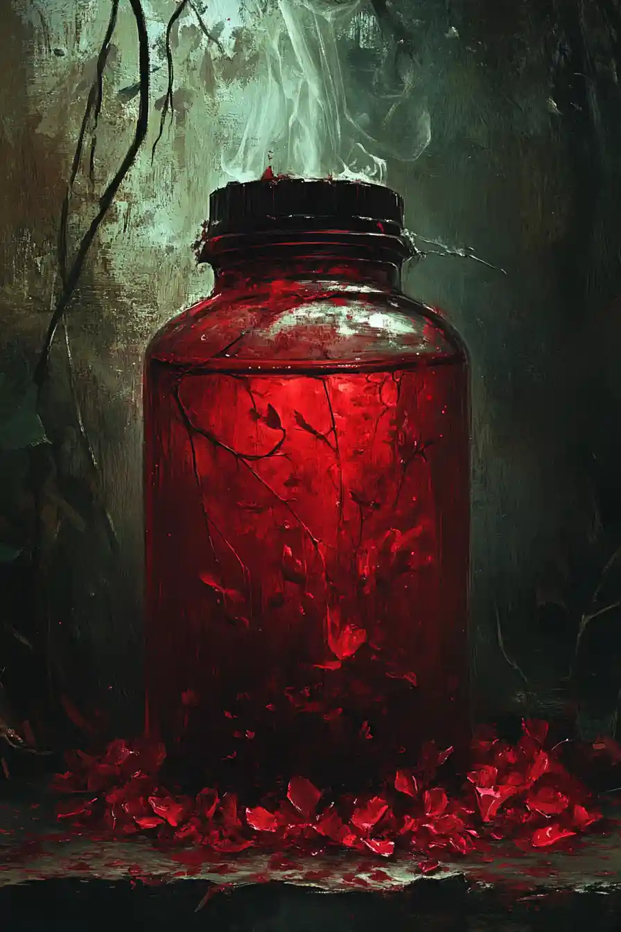 Close up glowing poison bottle with crimson liquid