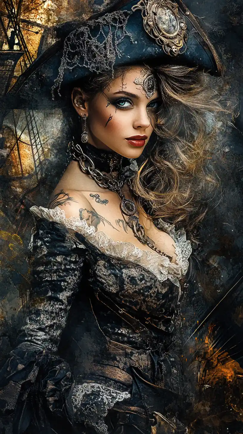 Elegant pirate woman in a Victorian London street