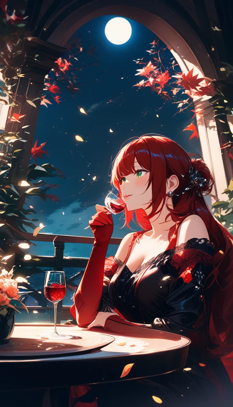 Elegant anime woman drinking red wine in moonlit vineyard