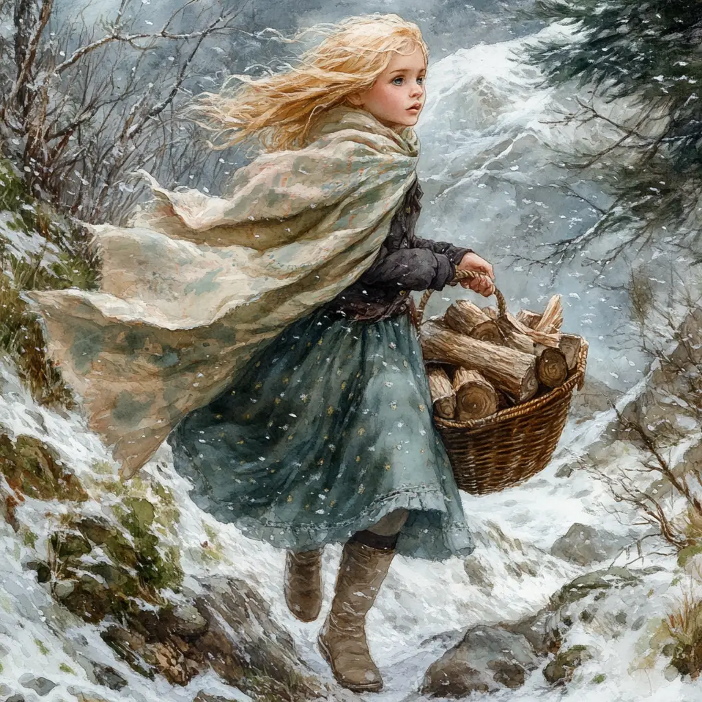 Giovane ragazza che trasporta legna attraverso montagne tempestose