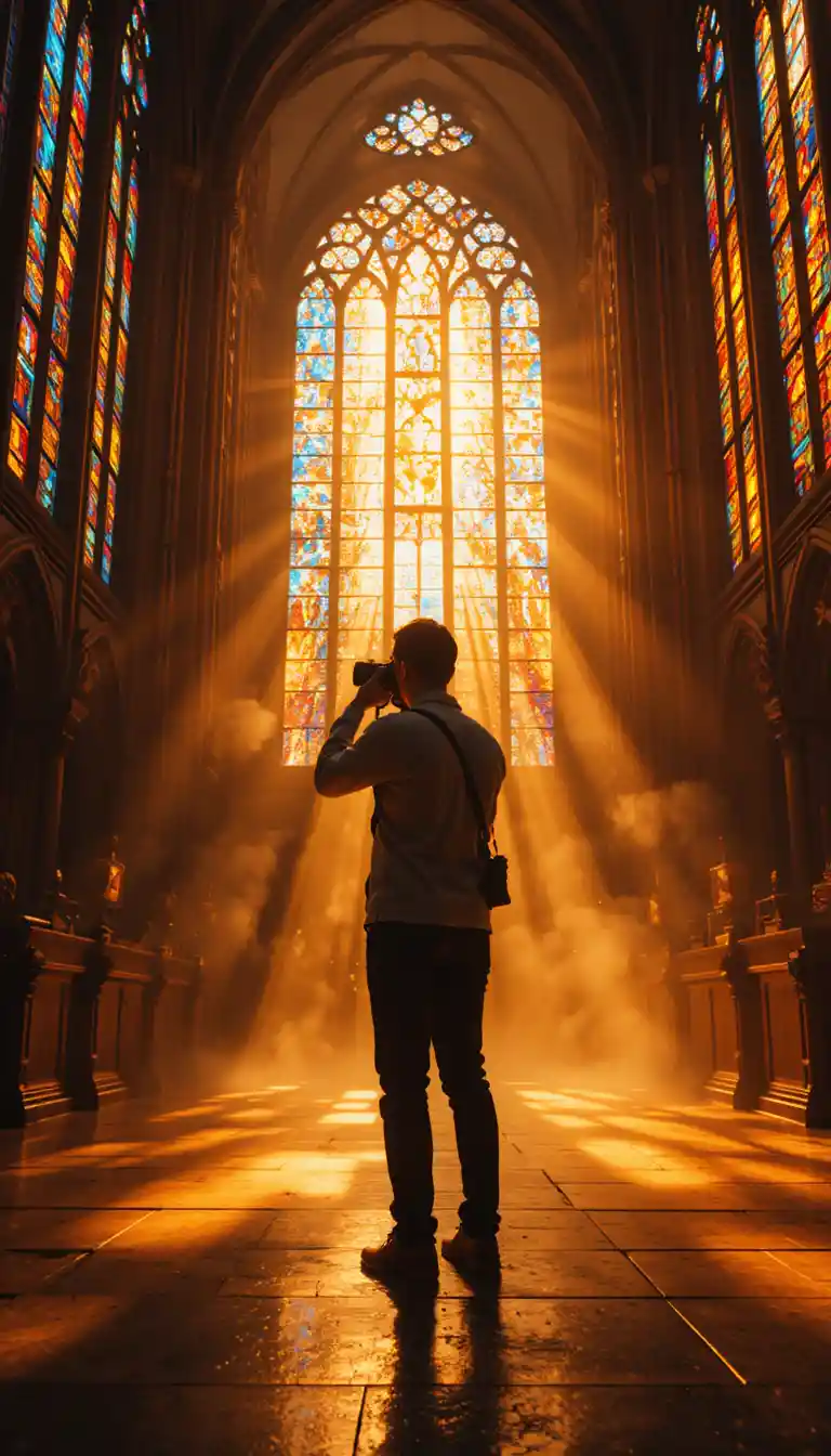 Photographer Silhouette Facing Glowing Stained Glass Windows