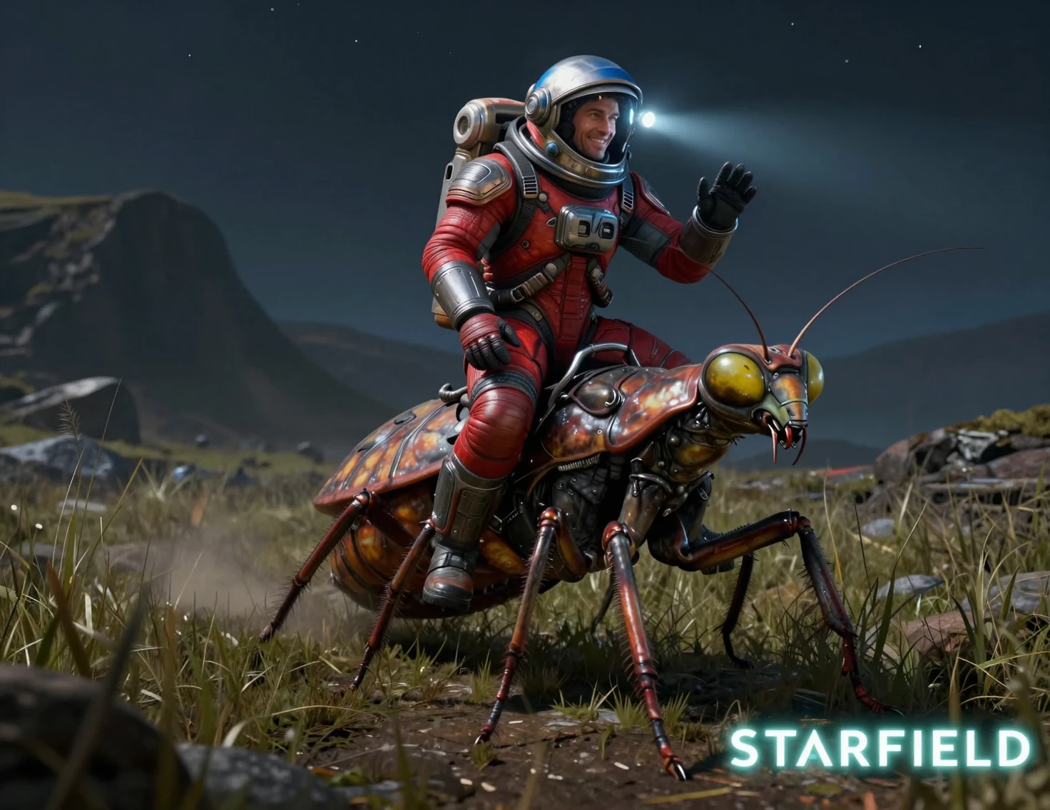 Astronaut reitet auf einem Alien-Insekt unter sternenklarem Nachthimmel