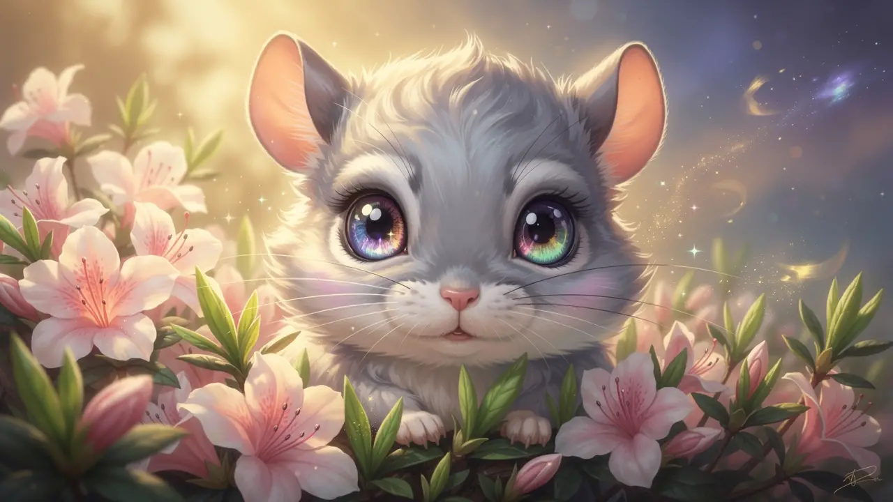 Niedliches Baby-Chinchilla lugt aus leuchtenden Frühlings-Azaleen hervor