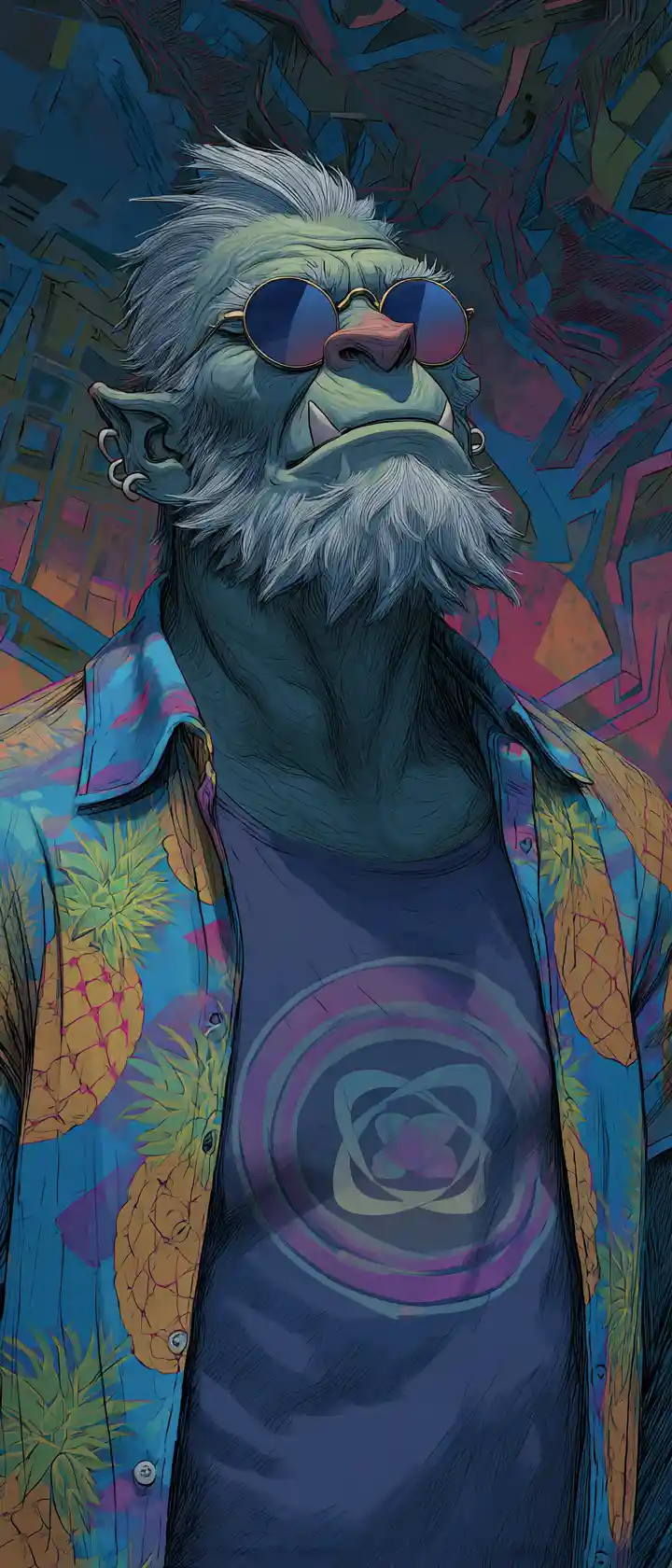 Weary orc in sunglasses and lotus shirt in Hawaii