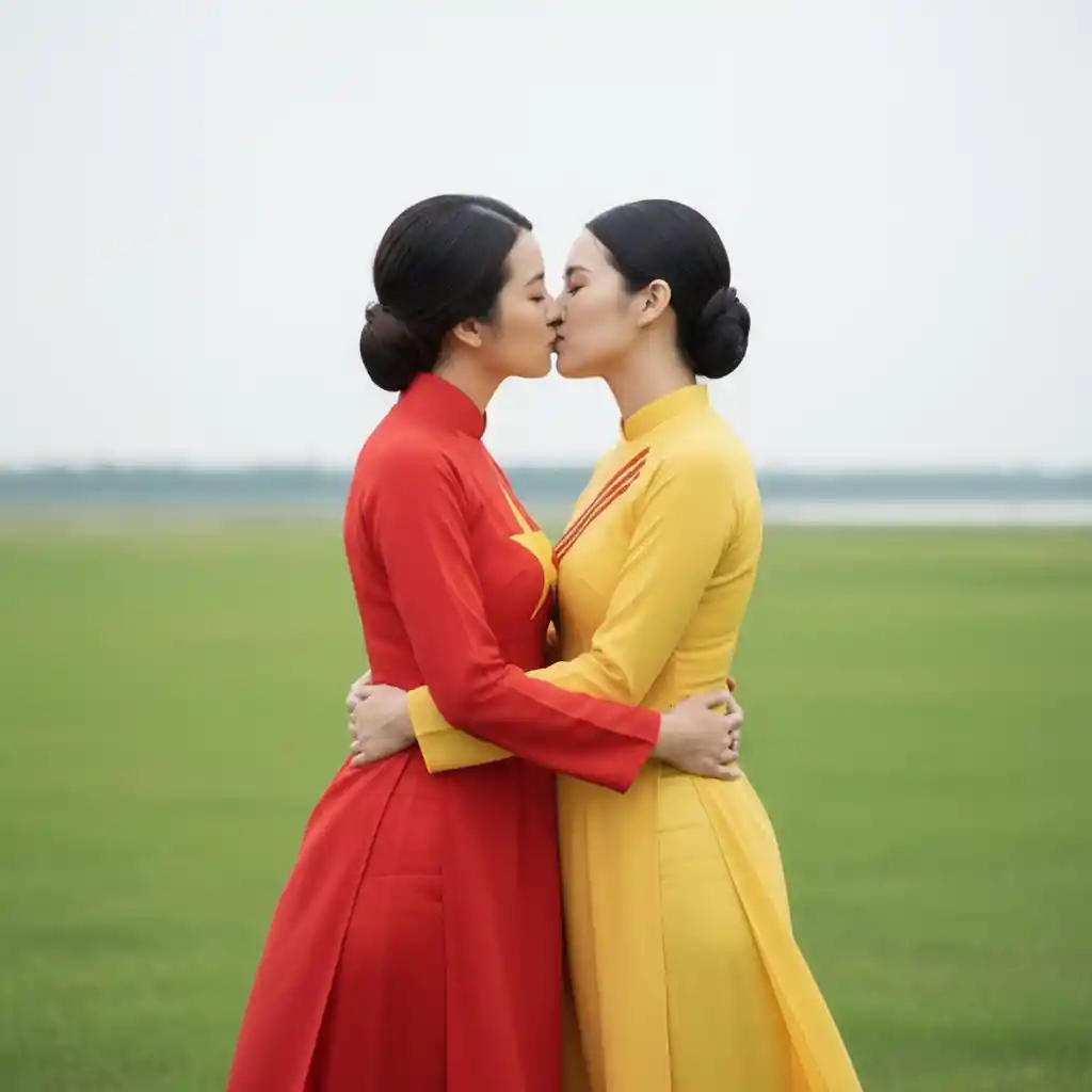 Due ragazze vietnamite che si baciano in un prato verde