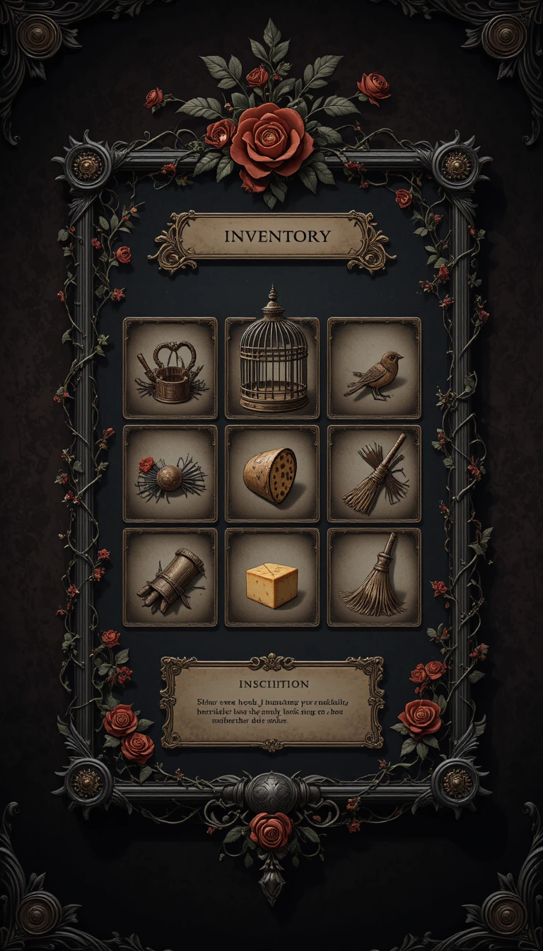 Menú de inventario de juego de fantasía oscura con marco gótico ornamentado