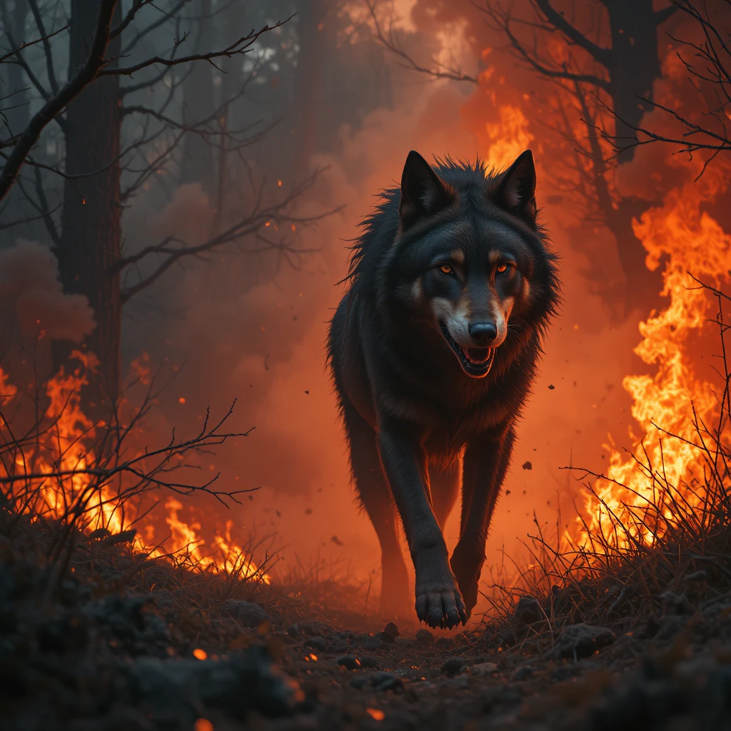 Lone wolf fleeing through a blazing wildfire landscape