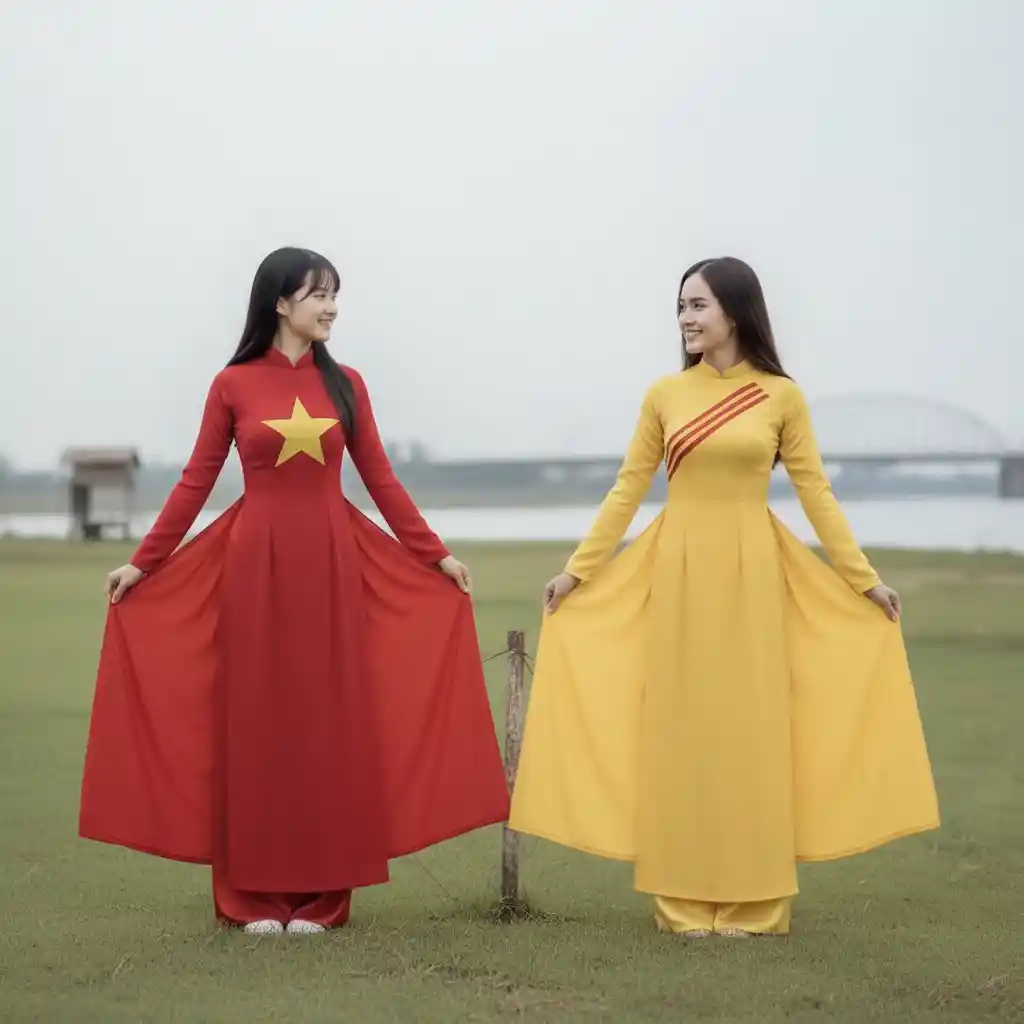 Zwei Mädchen in kontrastierenden Ao-Dai-Kleidern, die gemeinsam einen Knicks machen