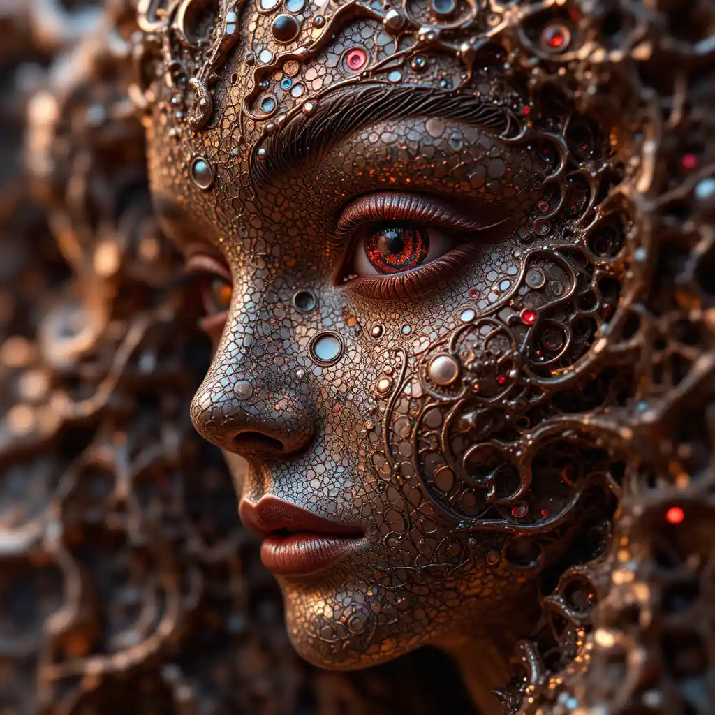 Swirling fractal face in bronze and ruby glowing patterns