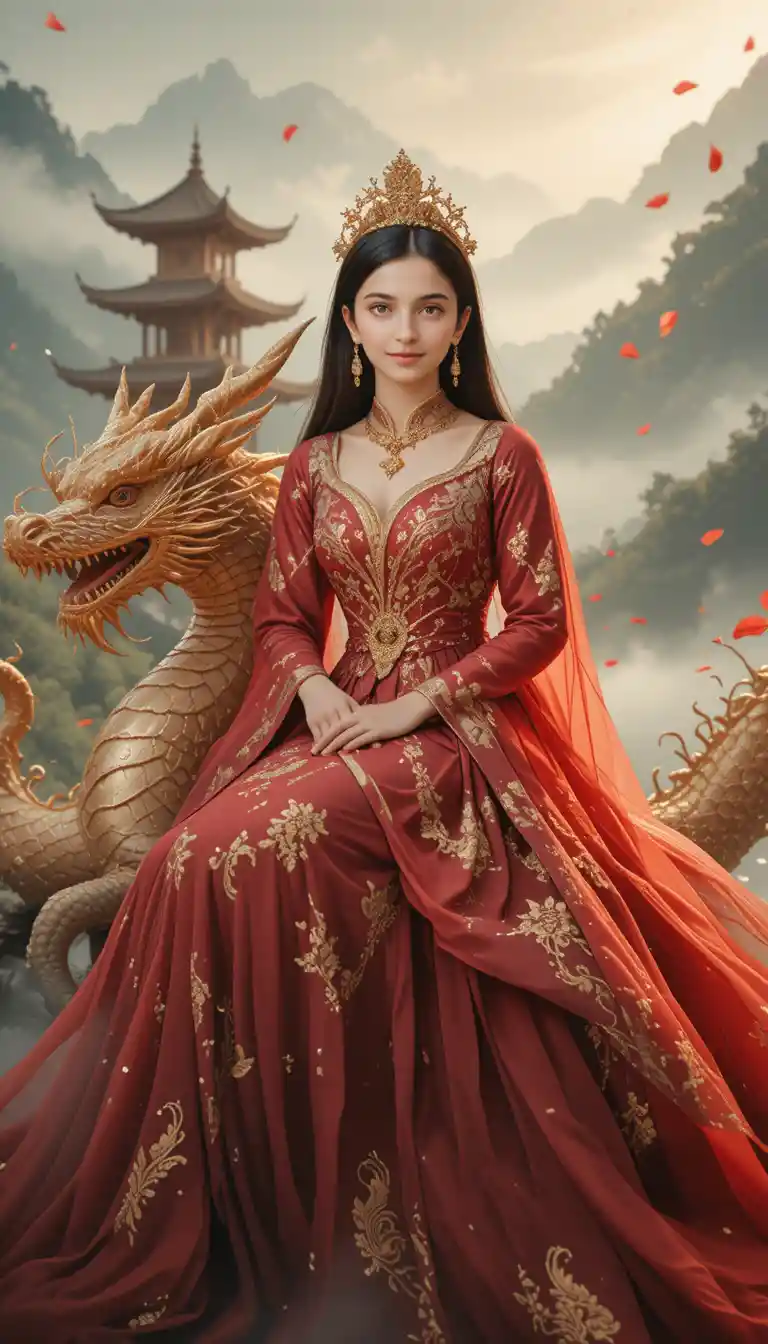 Regal woman riding a golden dragon in misty mountains