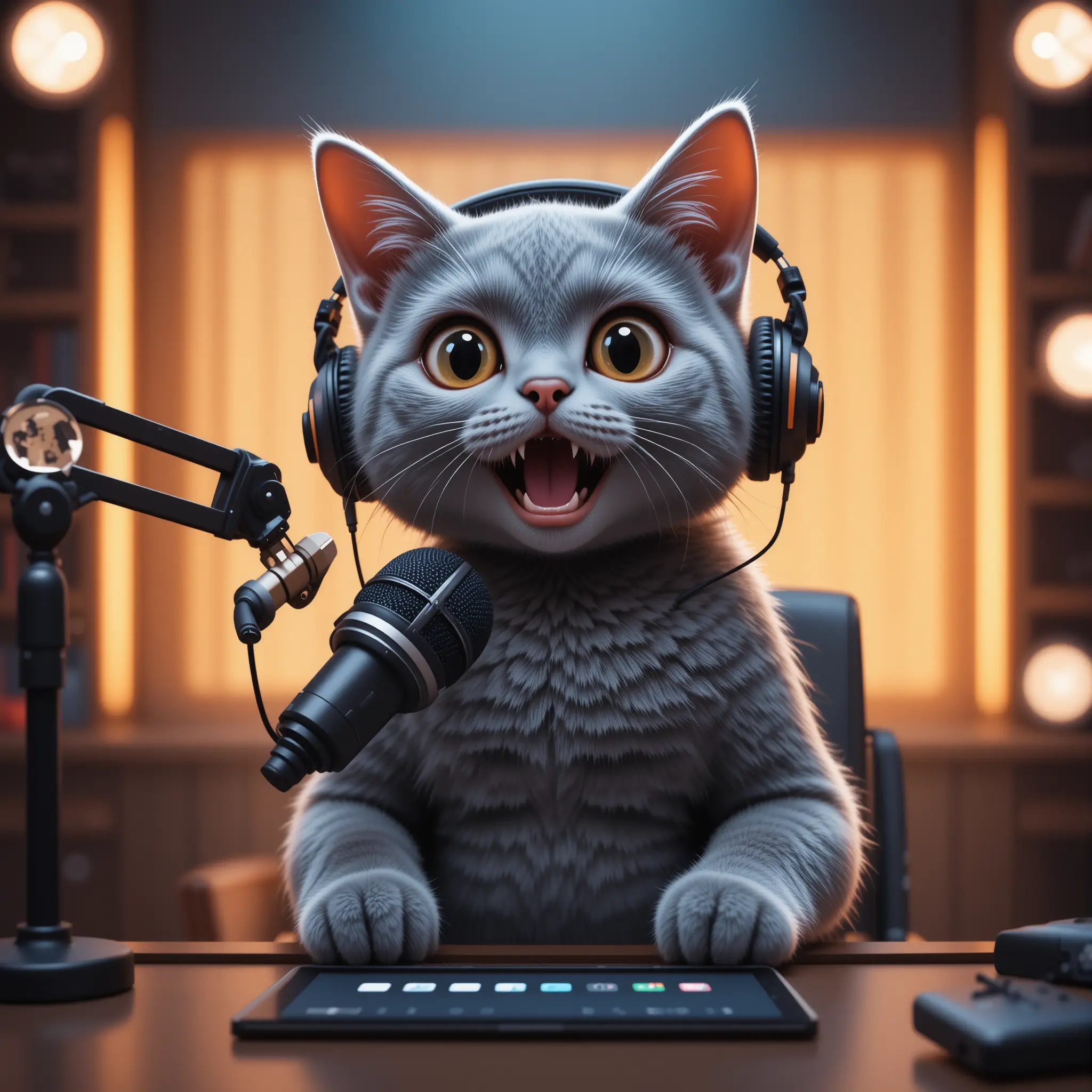 Gatto grigio cartoon che conduce un podcast in una scena illuminata caldamente