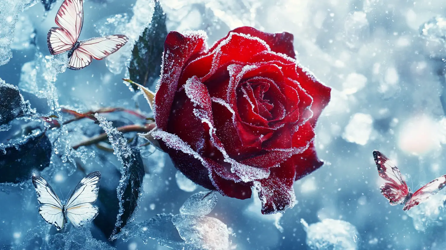 雪地上霜凍紅玫瑰與霓虹蝴蝶特寫