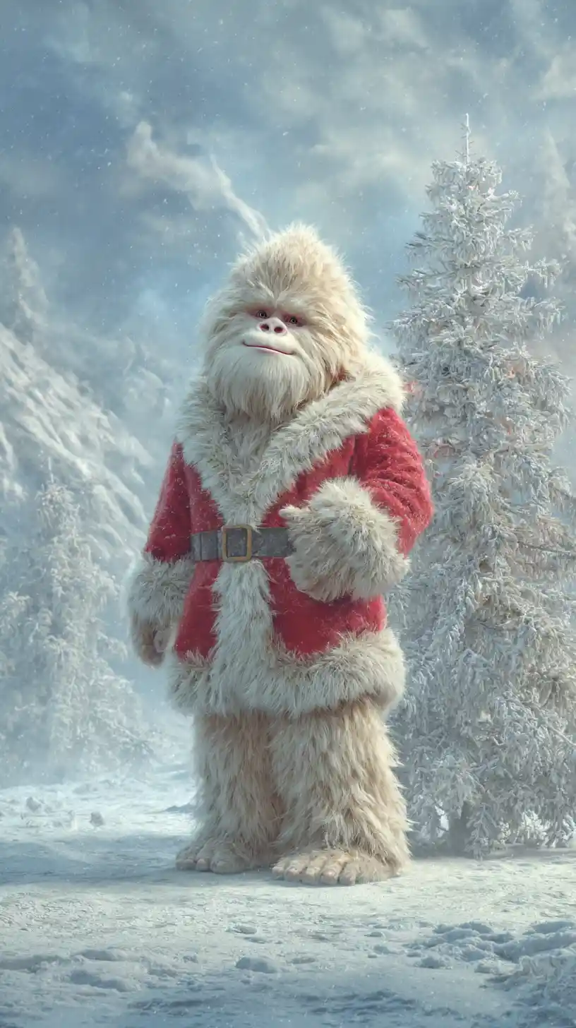 Niedlicher Yeti als Weihnachtsmann in verschneiter Weihnachtsszene