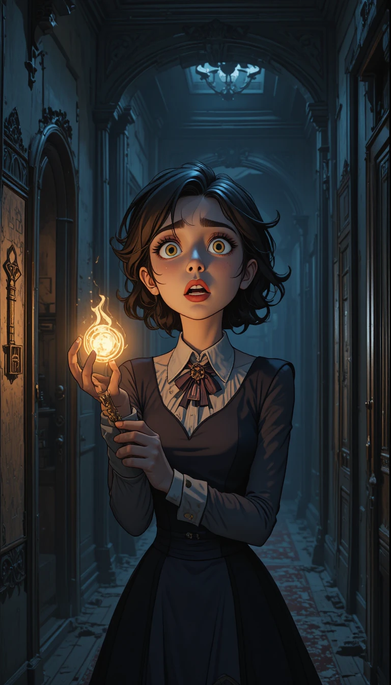 Gothic fantasy woman holding a glowing key in hallway