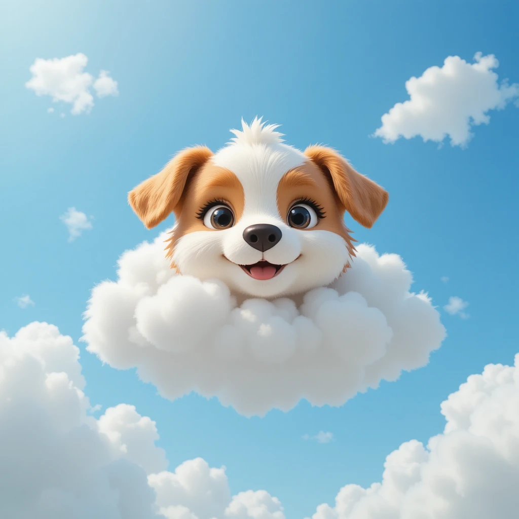 Cucciolo di cane allegro in stile cartoon che fluttua su una soffice nuvola