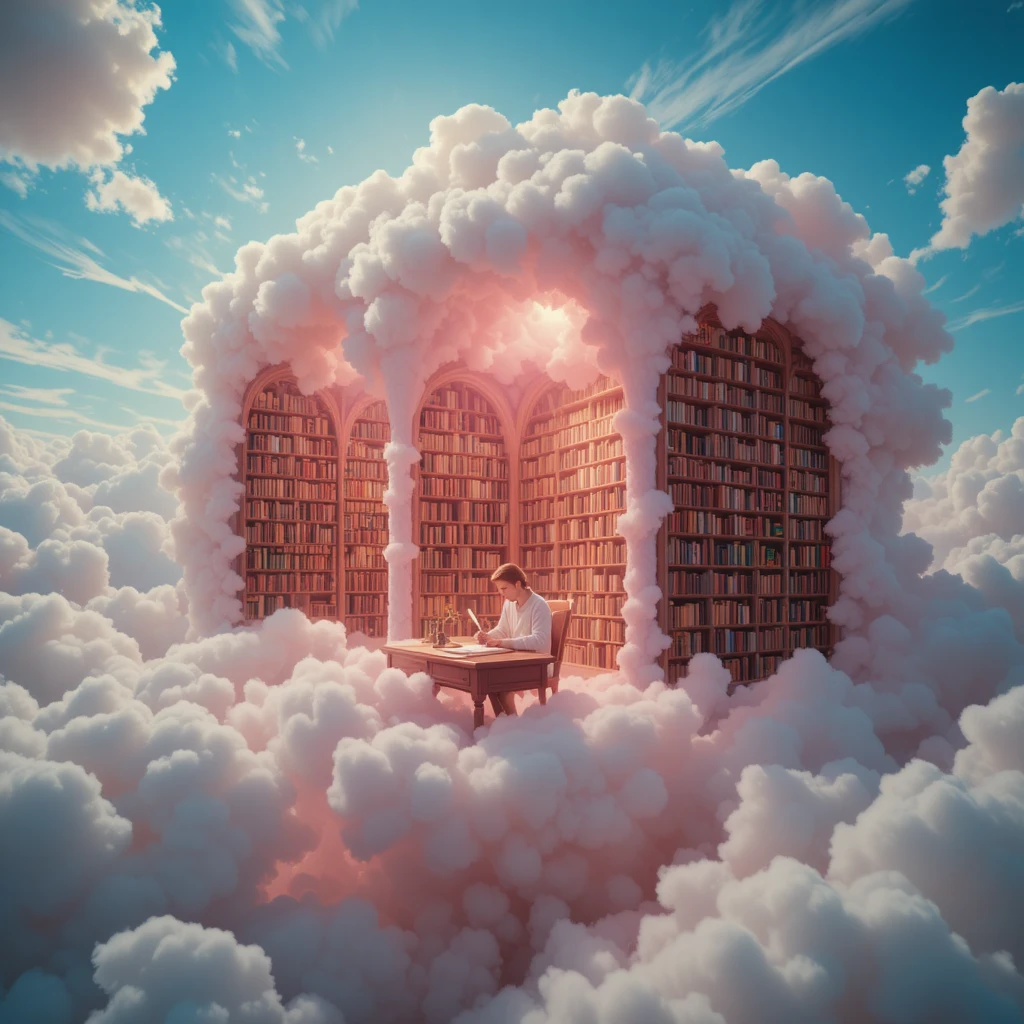 Biblioteca flutuante nas nuvens banhada em suave luz rosa