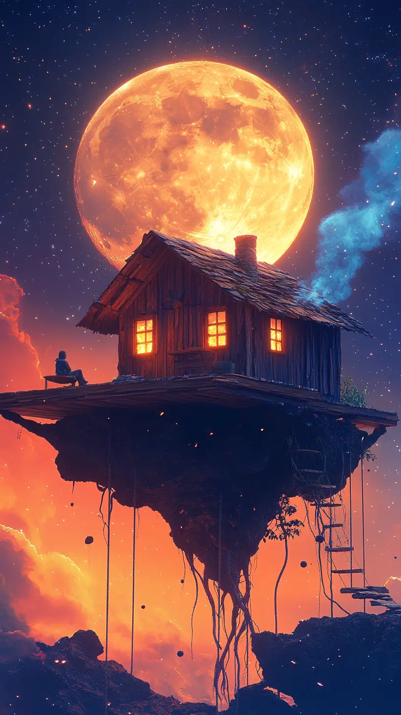 Cabina rustica che fluttua nello spazio sotto una luna luminosa