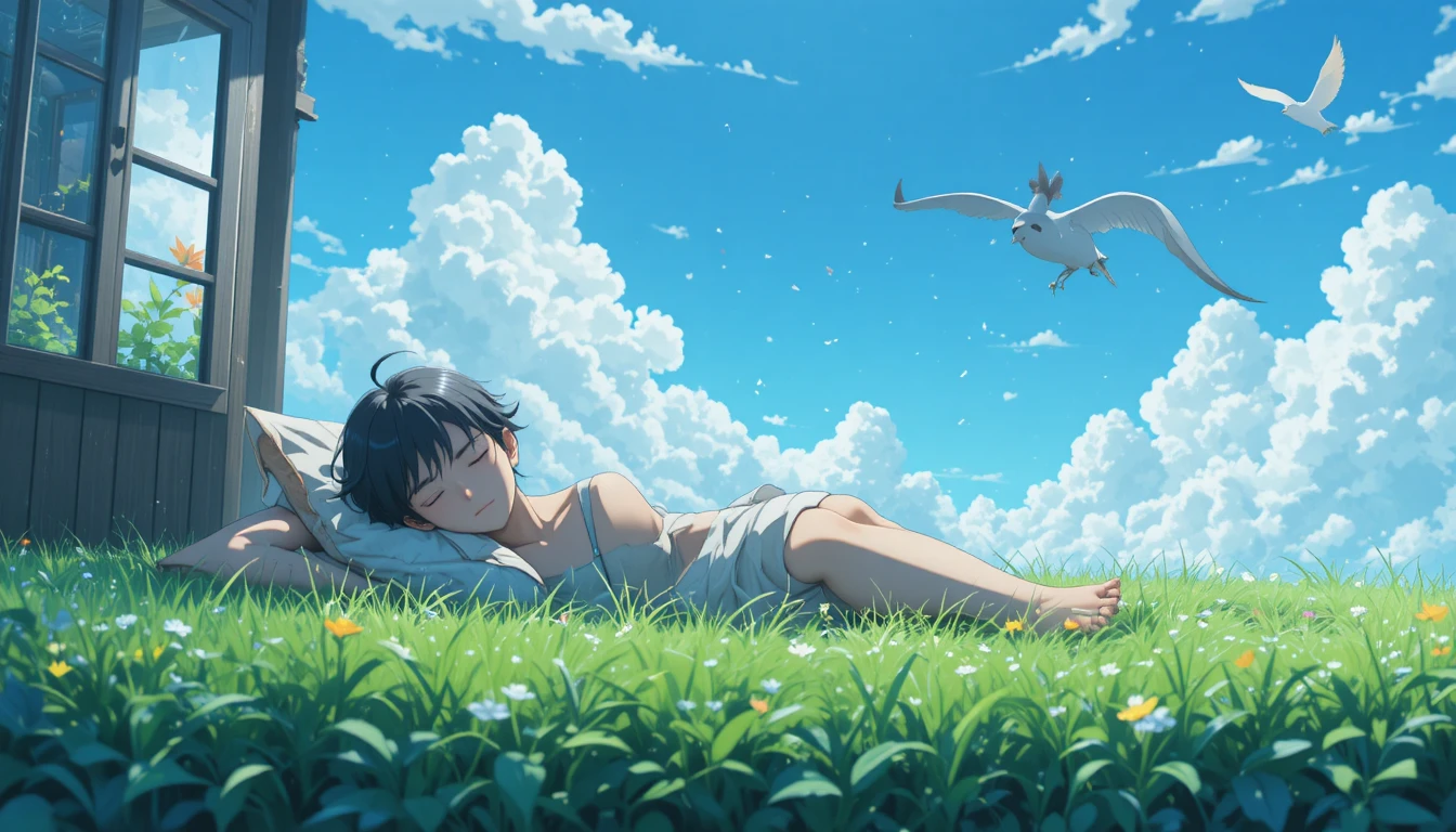 青空の下で草むらに眠るアニメ少年