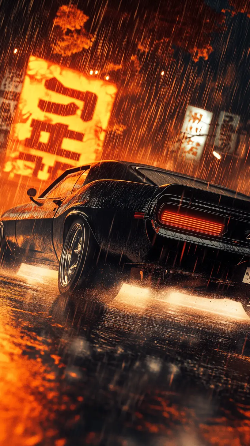 Schwarzer Muscle-Car rast eine regnerische Stadtstraße entlang