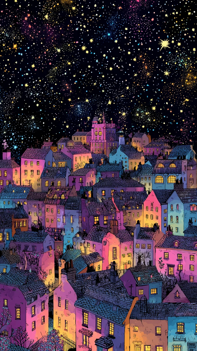Village fantastique coloré célébrant le Nouvel An sous un ciel étoilé