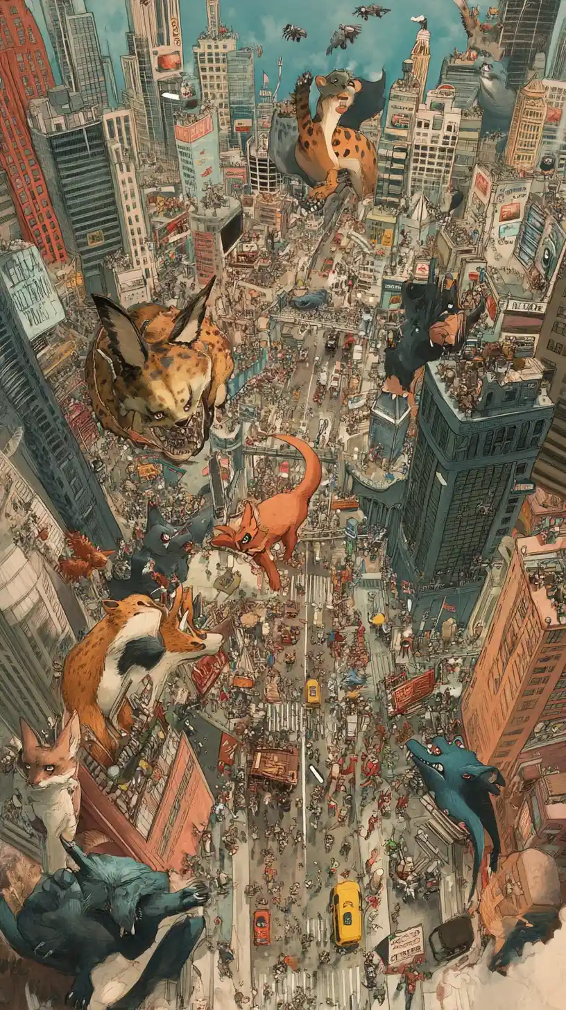 Paysage urbain aérien avec humains et prédateurs apex anthropomorphes