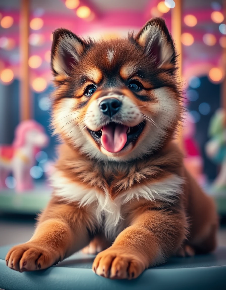 Adorable chubby husky brown puppy glowing with happy charm