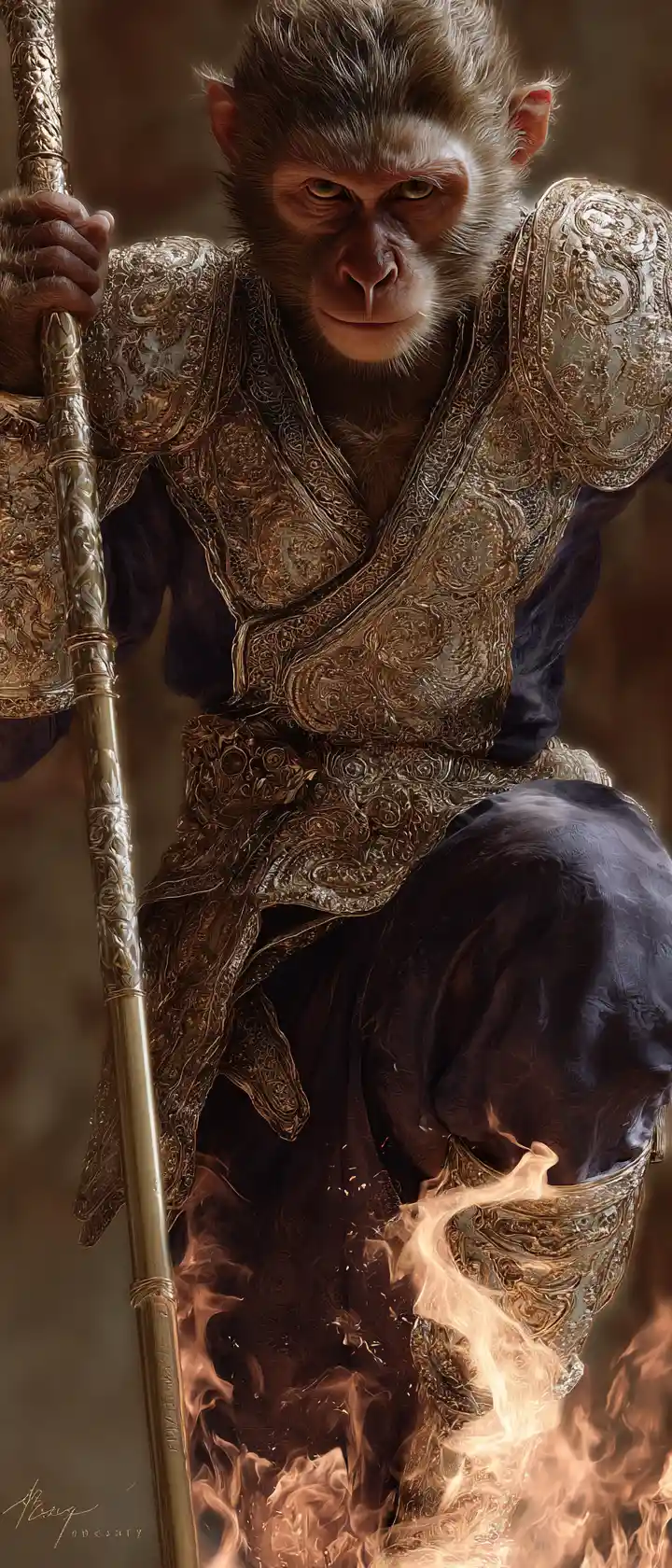 Mythic monkey warrior with flaming staff in armor