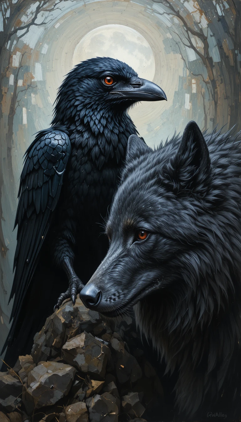 Retrato em óleo escuro de um corvo e um lobo terrível