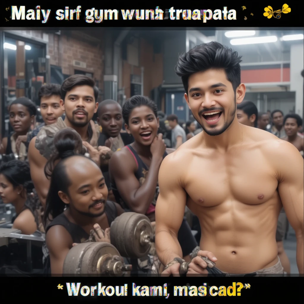 Joven llegando a un gimnasio animado de estilo desi