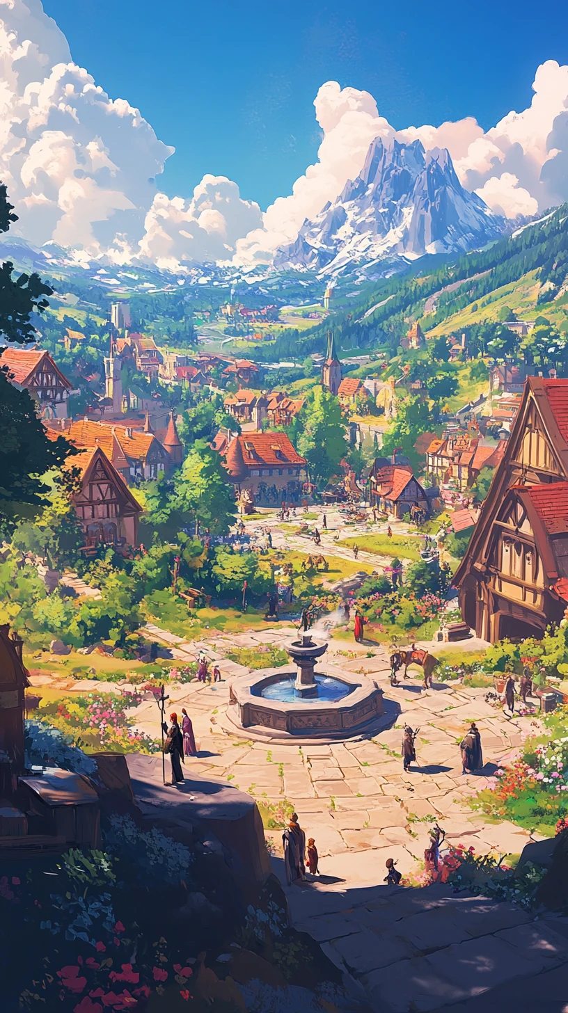 Reino de fantasia medieval com praça central e montanhas ao fundo