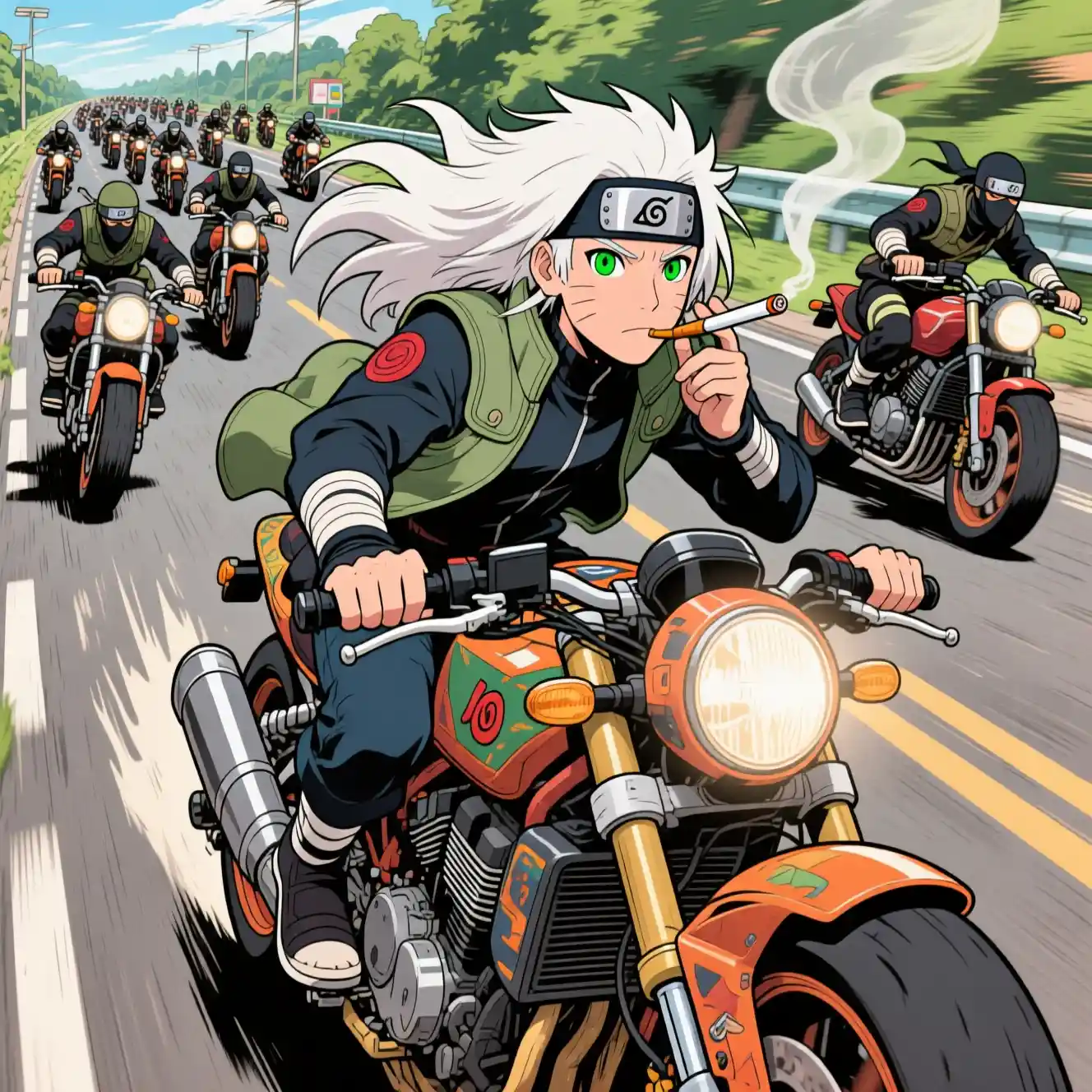 Motard aux cheveux blancs poursuivi par des bikers ninjas