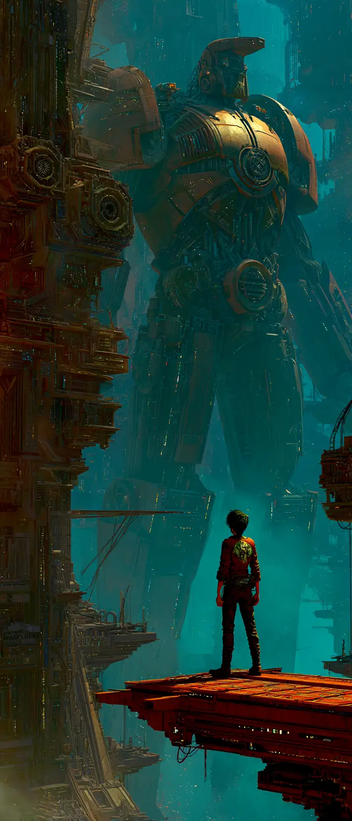 Guerrier d’anime épique face à un gigantesque titan blindé