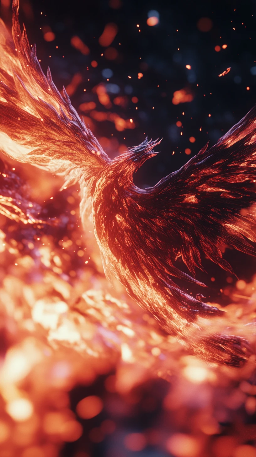 Anime phoenix soaring through a romantic cosmic space