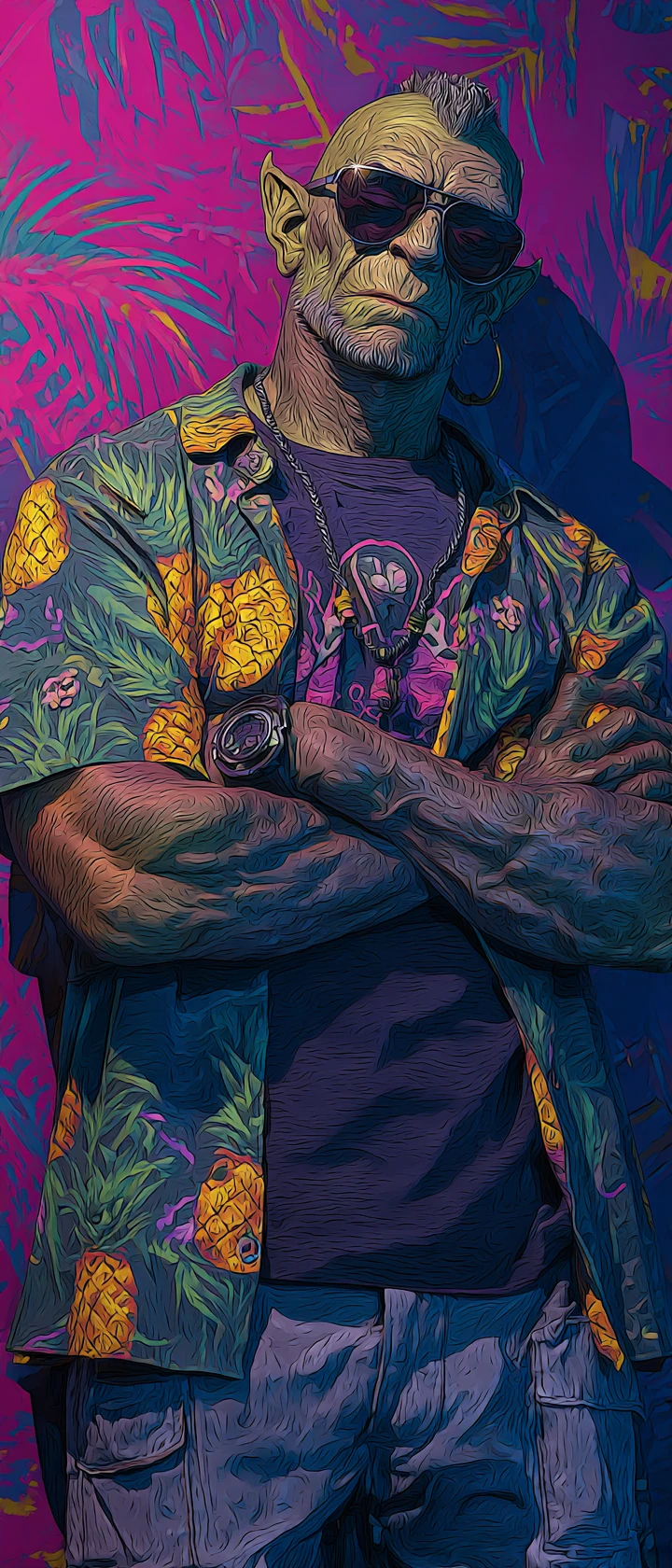 Orco grigio turista e stanco con occhiali da sole e camicia hawaiana