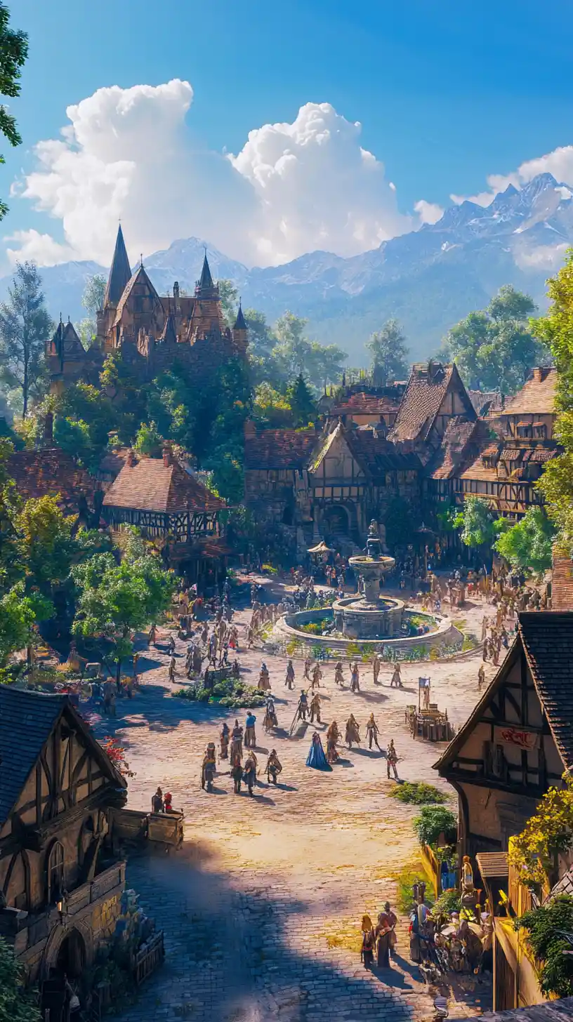 Praça medieval movimentada diante de um vasto reino de fantasia