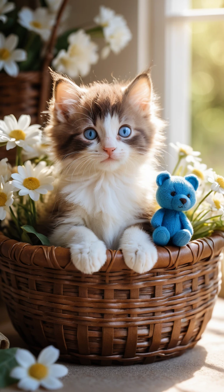 Adorable chaton aux yeux bleus câlinant un minuscule ours en peluche