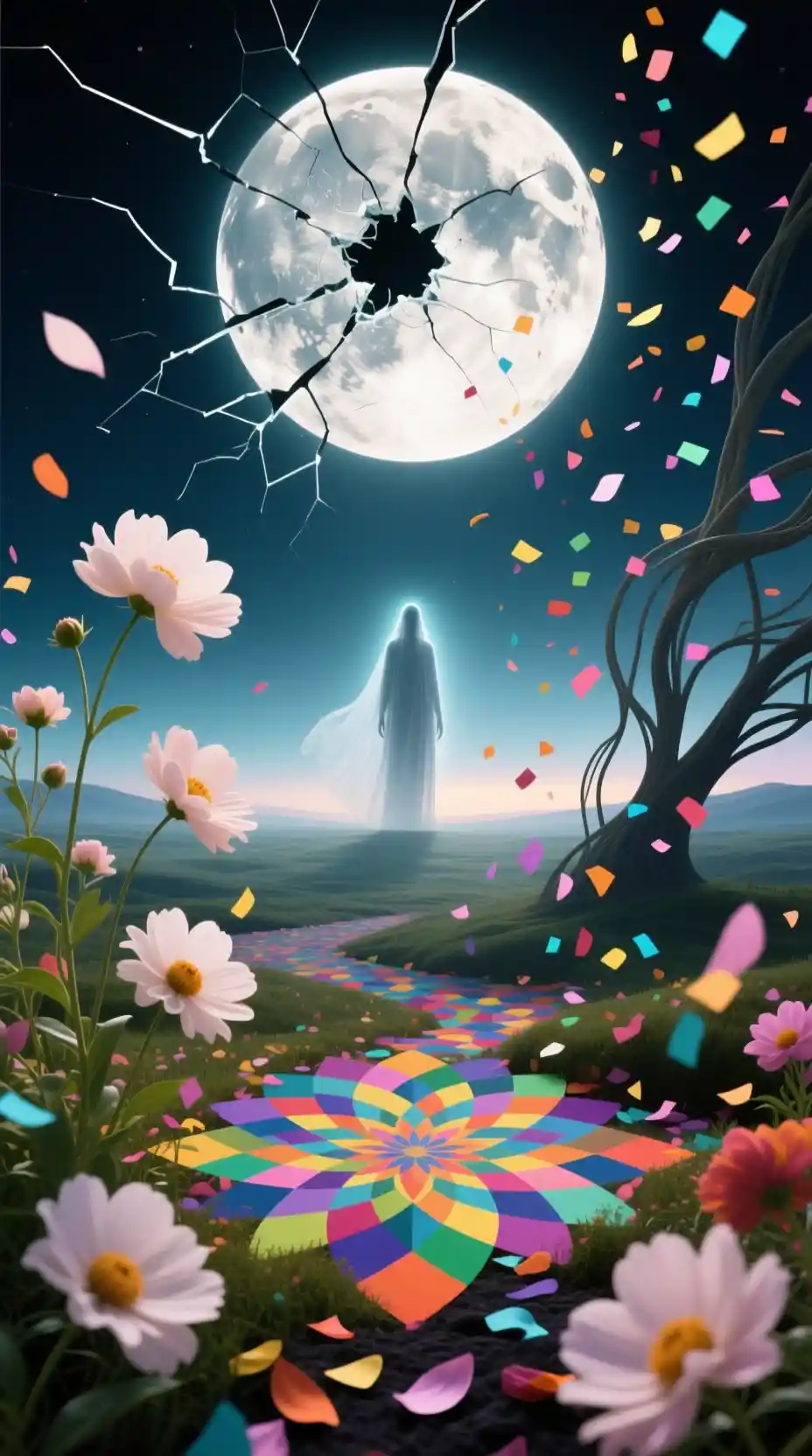 Delicate flowers falling through a surreal dreamlike sky